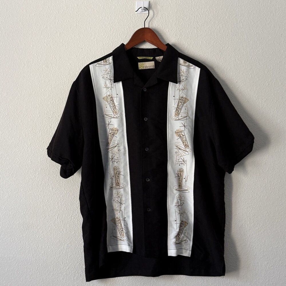 Cubavera Men's Camp Shirt XL Black White Panels Cocktail Print Button Up